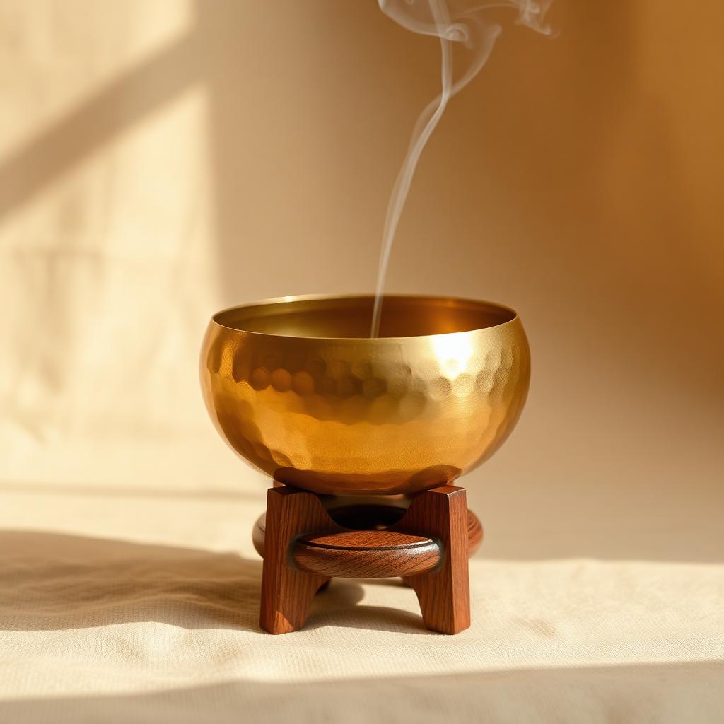 Hammered brass resin burner on a wooden stand