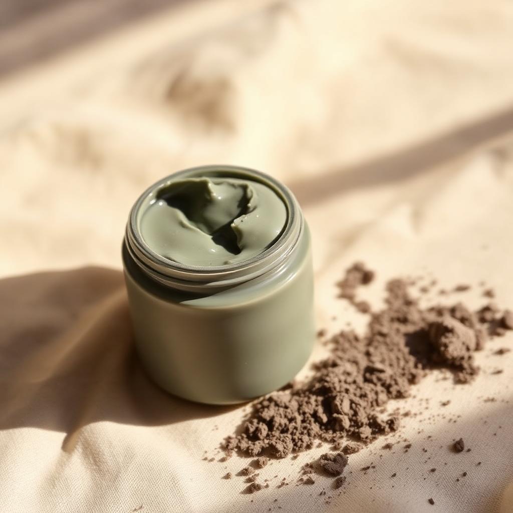 Ceramic jar of grey-green clay mask on bone linen