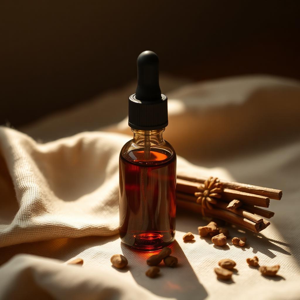 Amber dropper bottle of frankincense and myrrh elixir